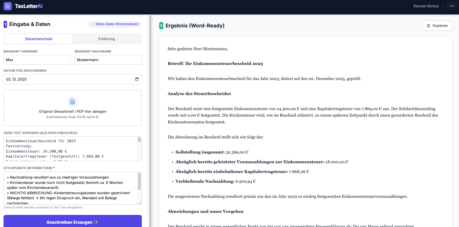 Beispielhafte Anzeige des Mandantenbriefs